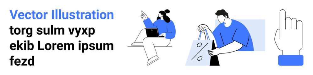 Two individuals engaged in different activities one using a laptop, another holding a shopping bag, and a hand gesture pointing. Ideal for business, e-commerce, technology, everyday life, online