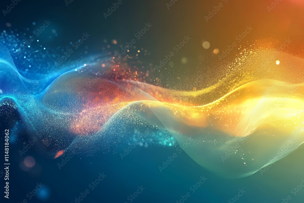 Poster vibrant abstract wave of light and particles in motion, showcasing dynamic energy and colorful flow 