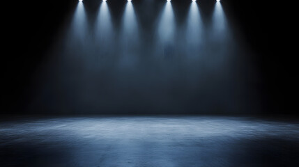 A dark empty stage with spotlights in a futuristic style, creating a dramatic atmosphere and conveying a sense of anticipation and mystery, perfect for theatrical performances, music events, or any cr