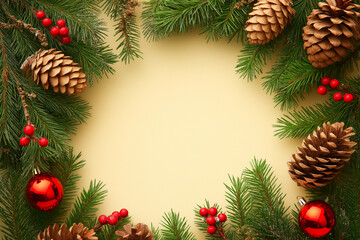 Pine leaves, cones, decoration balls, snow can be used as frame decorations for whatever sparks your ideas