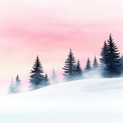 Fototapeta premium Snowy landscape with pine trees and pink sky in watercolor