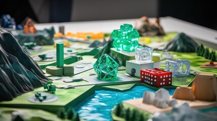 Close-up of a 3D printed board game with translucent green crystals, red dice, and miniature buildings on a detailed landscape.