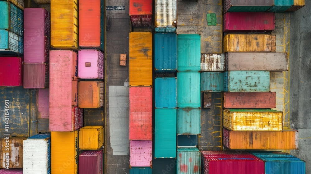 Poster aerial view of colorful shipping containers in a large storage yard.