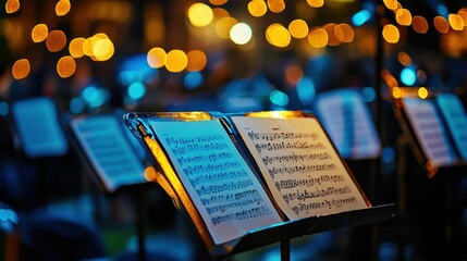 Night concert music sheets on stands with bokeh lights.