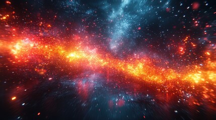 Obraz premium Dynamic explosion of vibrant red, glowing yellow, and bright teal particles scattered chaotically, resembling a cosmic burst or digital glitch frozen in a high-energy moment