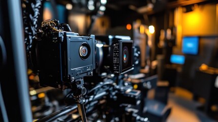 Fototapeta premium Professional film camera setup on a tripod in a television studio.