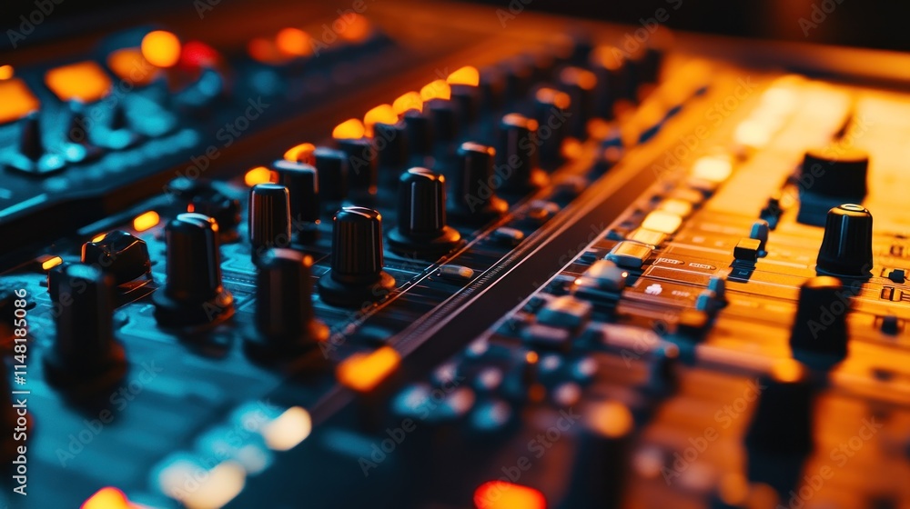 Poster close-up of audio mixer control panel with knobs and faders illuminated in orange and blue light.