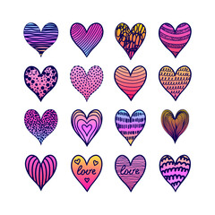 Collection of hand drawn gradient hearts in doodle style on white background.