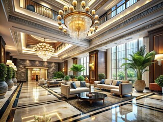 Luxury Hotel Reception Lobby 3D Render - Modern Design, Grand Entrance, Elegant Interior