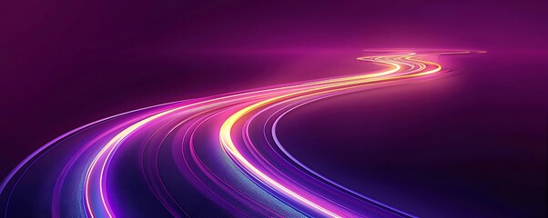 Abstract glowing purple and pink light trails curving on dark background.