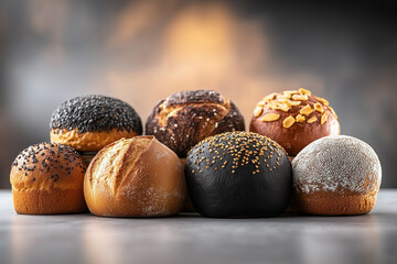 Various types and kinds of bread and buns on kitchen bakery table close up.
