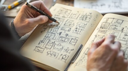 Hands sketching architectural designs in a notebook.