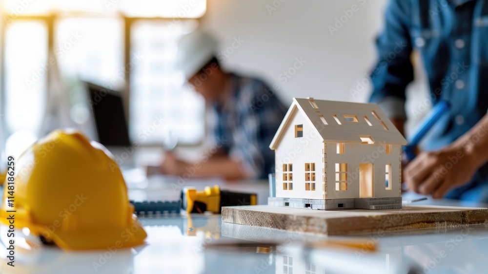 Poster a miniature house model sits on a table, surrounded by construction tools and plans, hinting at a bu