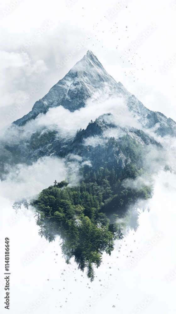 Poster a mountain with trees and clouds in the background. the mountain is covered in snow and the trees ar