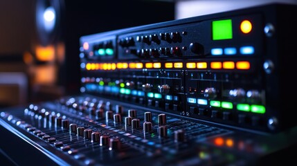 Close-up of a professional audio mixing console with illuminated buttons and knobs in a dimly lit studio.