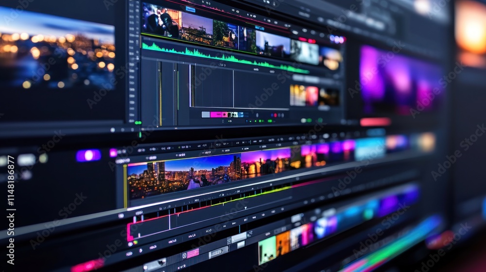 Poster video editing software interface on a computer screen showing a timeline, clips, and effects.