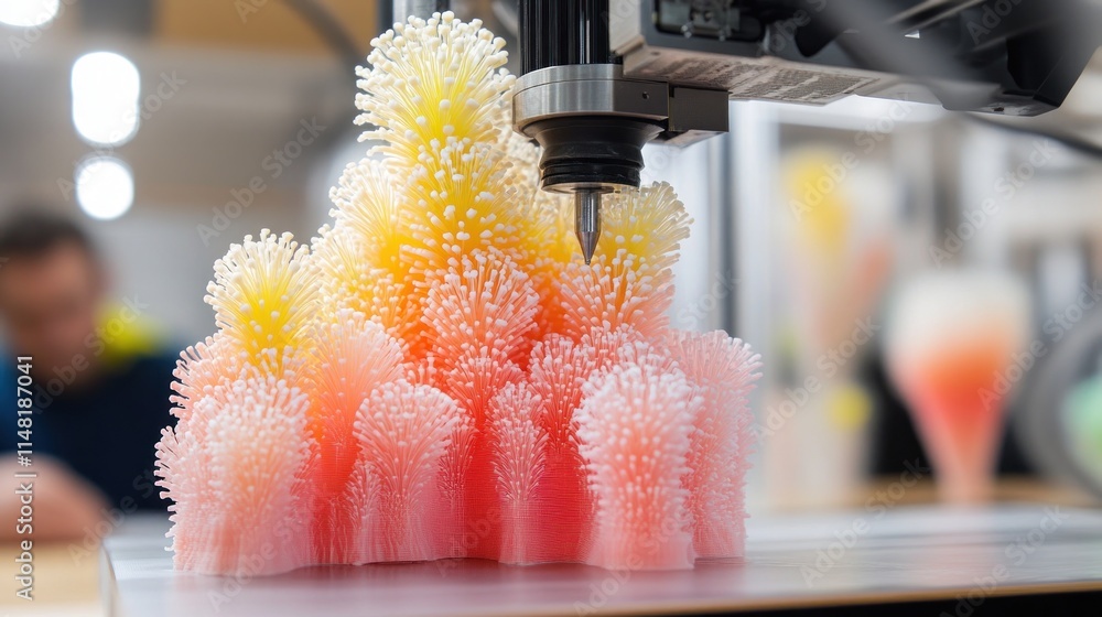 Poster close-up of 3d printer creating a colorful, textured object.
