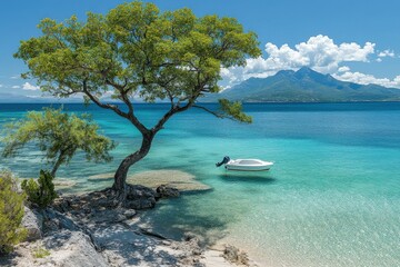At sunset, close-up planet Mars has mountains and water with a starry sky panorama. Stock image.. Beautiful simple AI generated image