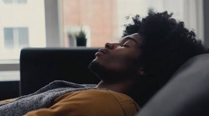 Fototapeta premium Tired individual resting on couch, reflecting on life's challenges and the need for relaxation and rejuvenation.
