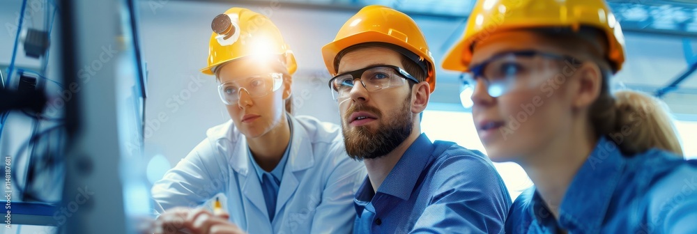 Poster a group of engineers in hard hats collaborate on a project, focusing intently on a computer screen i