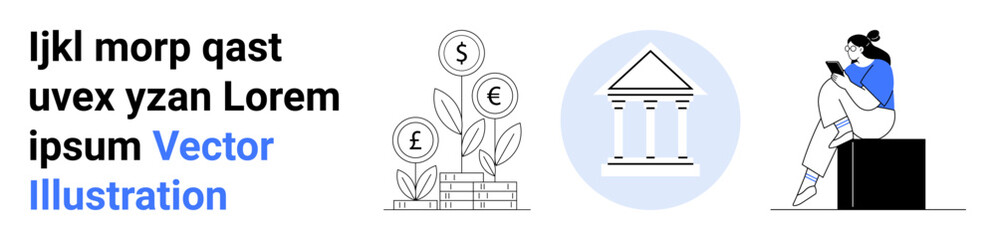 Fototapeta premium Person using smartphone near banking icon and money plant with currency symbols. Ideal for digital banking, financial growth, online investment, personal finance management, mobile banking, fintech