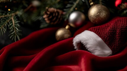Christmas Still Life: Santa Hat and Festive Ornaments on Red Velvet