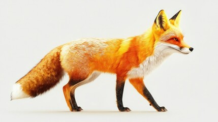 Obraz premium Realistic depiction of a walking red fox with vibrant orange fur, detailed features, and a bushy tail set against a clean white background ideal for stock photography needs.
