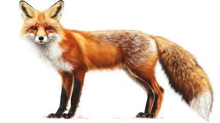Obraz premium Realistic illustration of a vibrant red fox showcasing its bushy tail and distinct facial features, symbolizing wildlife and natural beauty in a serene environment.