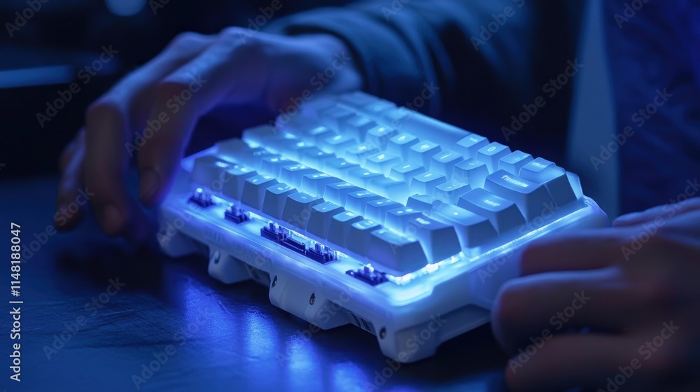 Aufkleber close-up of hands using a glowing white mechanical keyboard in low light.