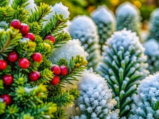 Macro Christmas Background: Snow Covered Tree & Boxwood, Festive Winter Wonderland, Holiday Season Photography