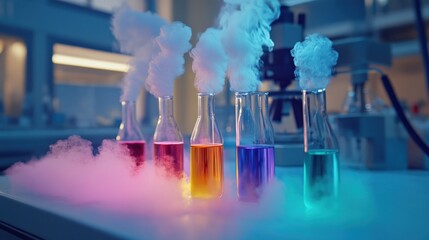 Colorful liquids in glass bottles emitting smoke in a lab.