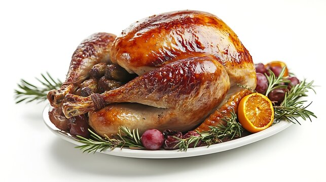 A roasted turkey is placed on a white platter with grapes, an orange slice, and rosemary sprigs.