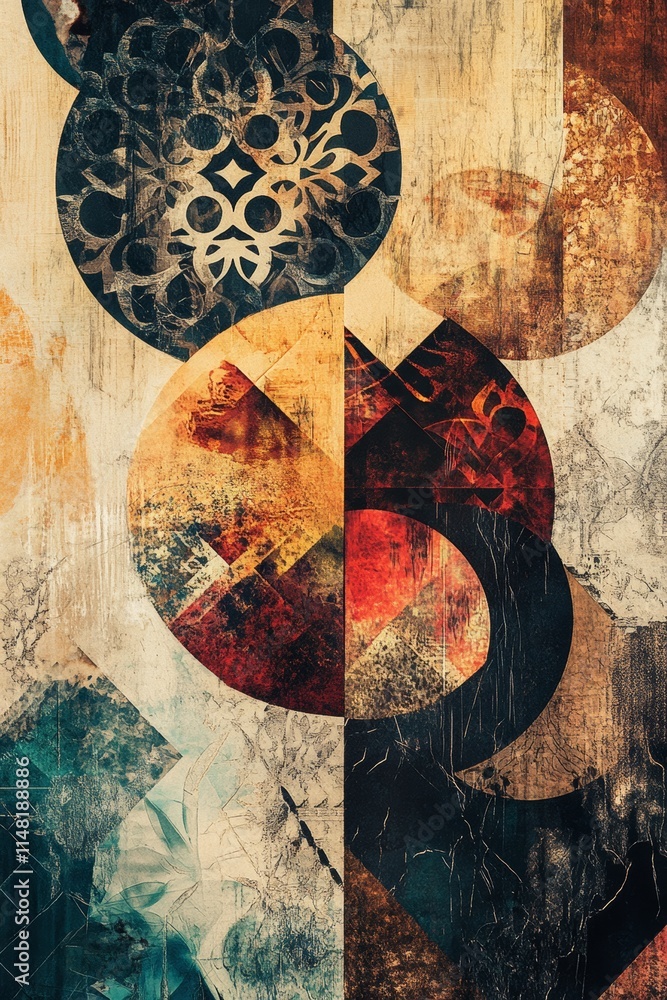 Poster a painting with a circle in the middle and other circles around it. the circles are different colors