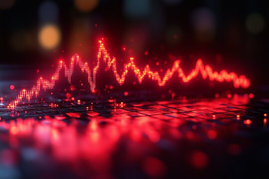 Trends in financial data represented by glowing red graph lines