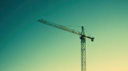 Construction crane silhouetted against a teal sky at sunset.