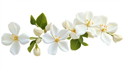 Obraz premium Beautiful and Delicate White Flowers with Green Leaves Arranged Elegantly on a White Background, Perfect for Nature-Inspired Designs and Floral Themes