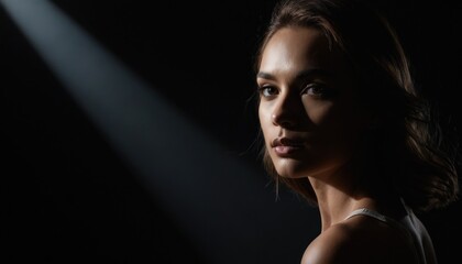 Naklejka premium A model in a dark studio, with harsh, angled lighting that casts bold shadows and highlights their features.