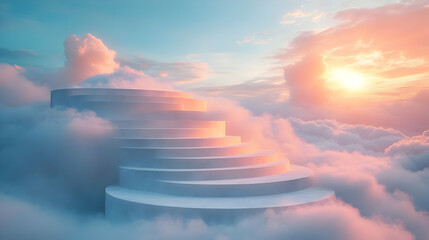 A serene staircase rises through soft clouds, illuminated by a warm sunset glow.