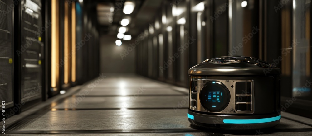 Poster autonomous robot in a futuristic server room corridor.