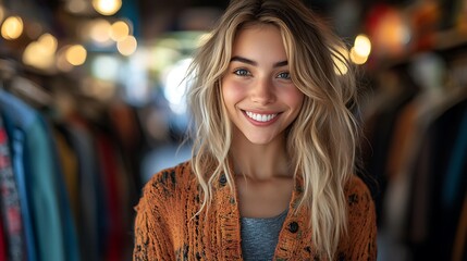 Obraz premium Blonde Woman Smiling in a Clothing Store