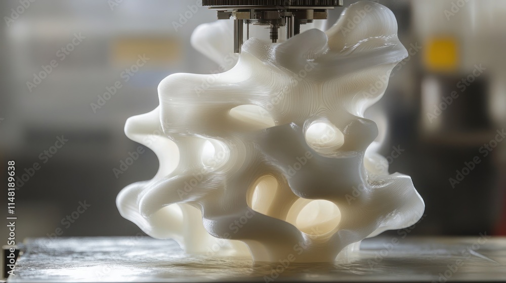 Poster 3d printer creating an abstract white sculpture with complex organic shapes and internal voids.