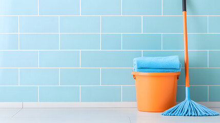Illustration of an orange bucket and a blue floor mop, symbolizing cleaning tools and household chores, highlighting their functional design and practicality for everyday cleaning tasks in homes or of