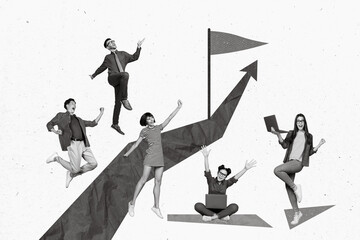 Creative photo 3d collage artwork poster postcard picture of many happy people celebrating success isolated on painting background