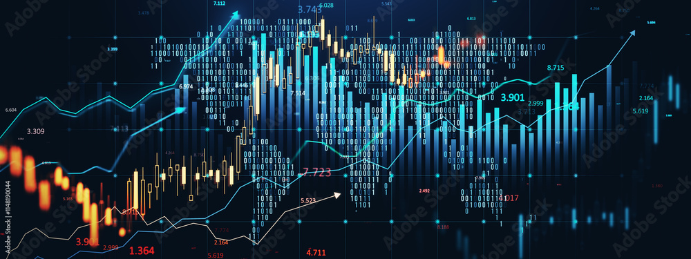 Poster Financial trading graph with candlestick chart and binary data on dark blue digital background depicting global market trends. 3D Rendering