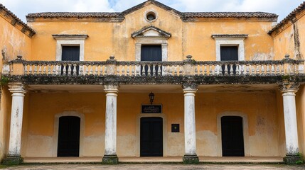 Old colonial style building with yellow facade, white columns, and dark wooden doors and windows.