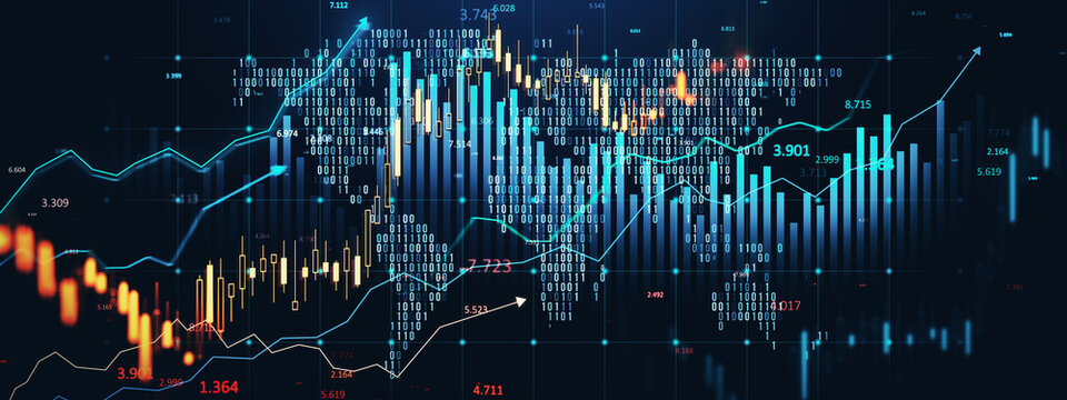 Financial trading graph with candlestick chart and binary data on dark blue digital background depicting global market trends. 3D Rendering