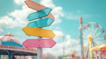 Colorful directional signpost at amusement park with Ferris wheel and carousel in background.