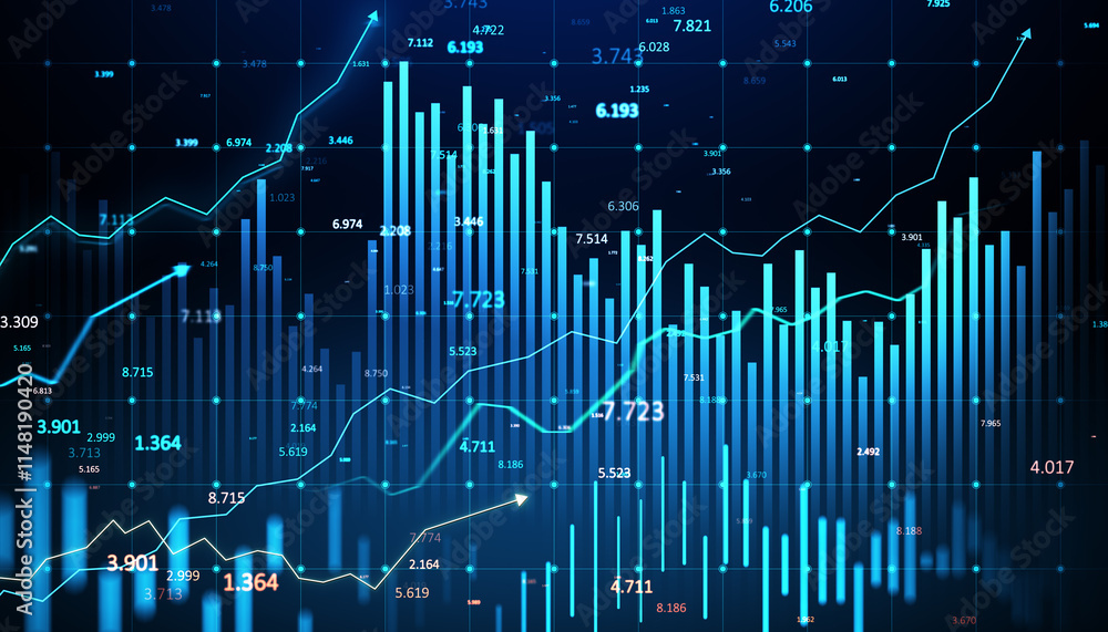 Poster Blue financial growth chart with data lines and graphs on dark background. 3D Rendering