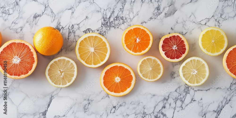 Poster a row of oranges and grapefruits on a marble countertop