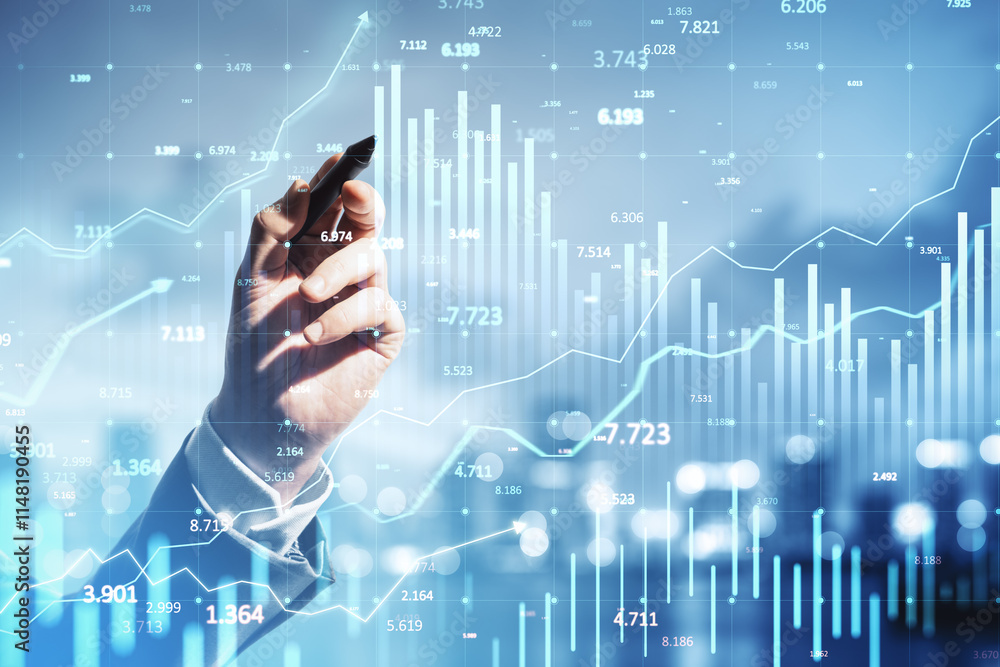 Poster hand pointing at financial data charts with graphs and glowing blue background. concept of business 
